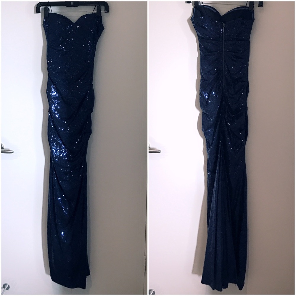 Navy Sequin Strapless Evening Gown